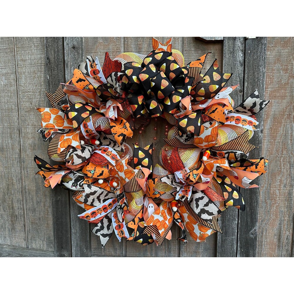 Large 29” Candy Corn Halloween Wreath Fall Autumn New Tias Creatives Handcrafted